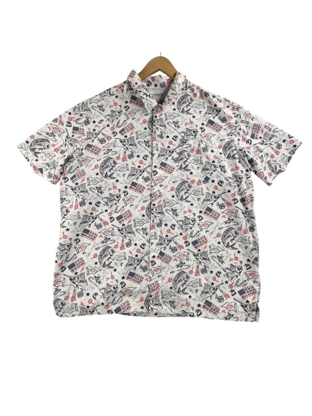 Columbia PFG Shirt Mens XL White Patriotic Fish Flag Button Up Short Sleeve